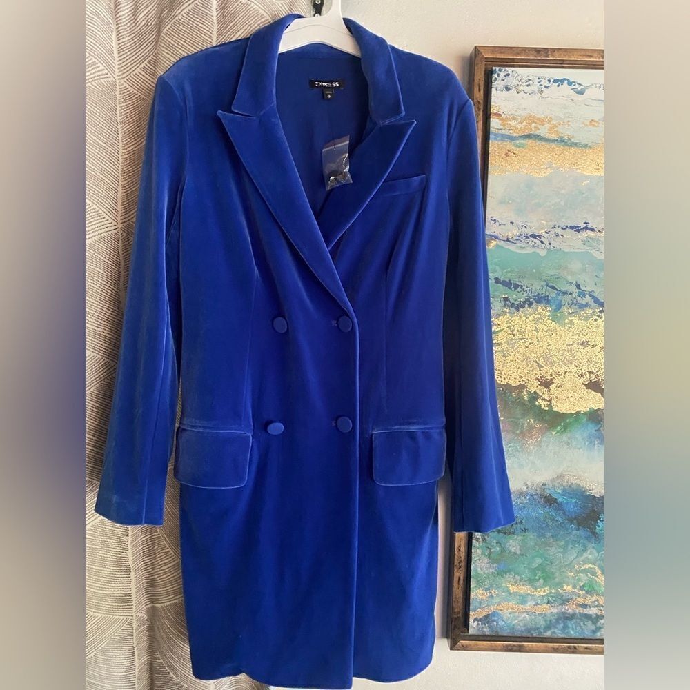 EXPRESS Blue Velvet Double Breasted Button Blazer Jacket Mini Dress Sz Small NEW - Picture 14 of 15